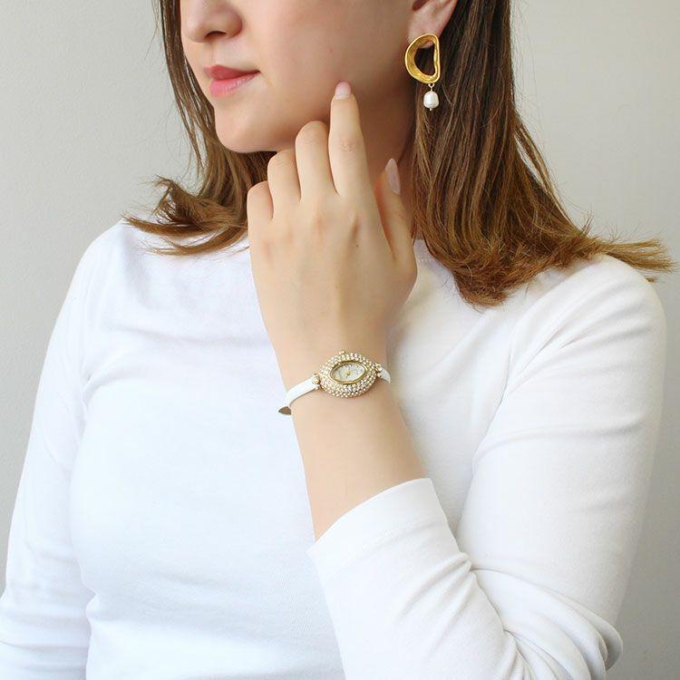 ABISTE New White Leather Strap Watch Pavé