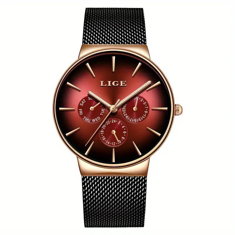 LIGE Men's Rose Gold Water-Resistant Multi-Functional Watch