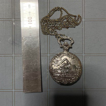 Silver Pocket Watch Railway Motif