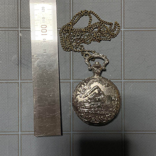 Silver Pocket Watch Railway Motif