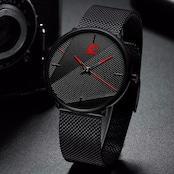 Thin Quartz Watch with Stainless Steel Band and Red Face