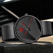 Thin Quartz Watch with Stainless Steel Band and Red Face