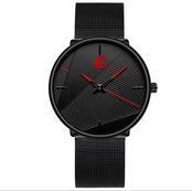 Thin Quartz Watch with Stainless Steel Band and Red Face