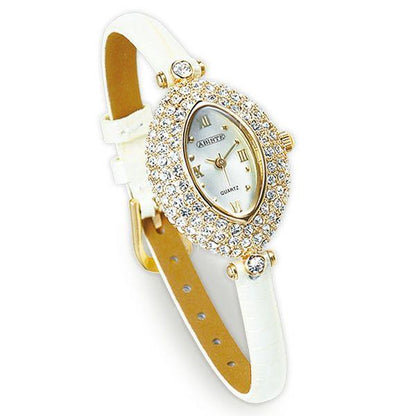 ABISTE New White Leather Strap Watch Pavé