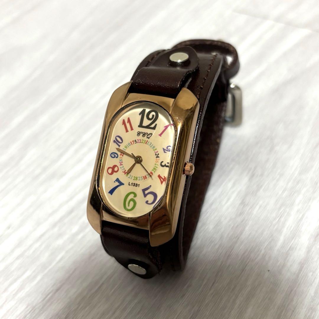 Brown Leather Winding Watch Colorful Numbers