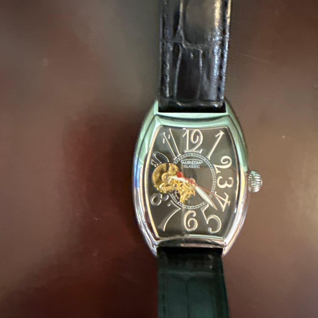 Automatic Winding Watch Skeleton Design Black Leather