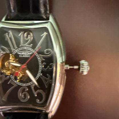 Automatic Winding Watch Skeleton Design Black Leather