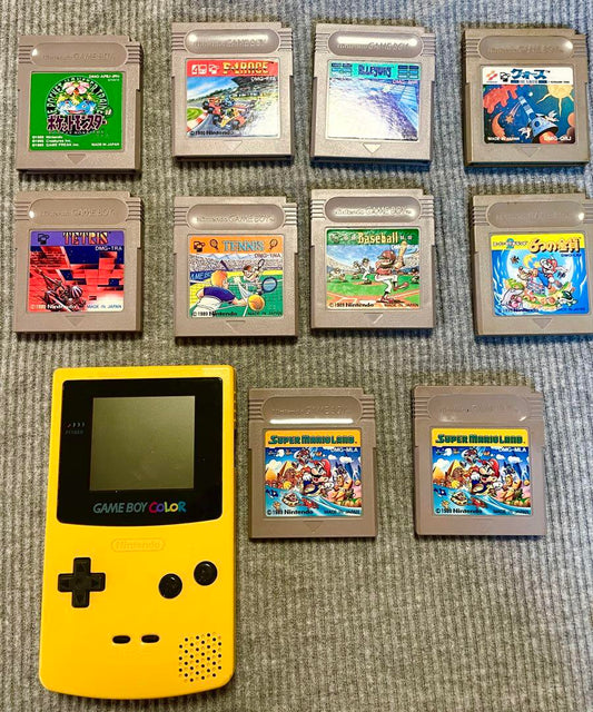 Game Boy Color Yellow Console + 10 Game Cartridges Set Rare Mint Condition