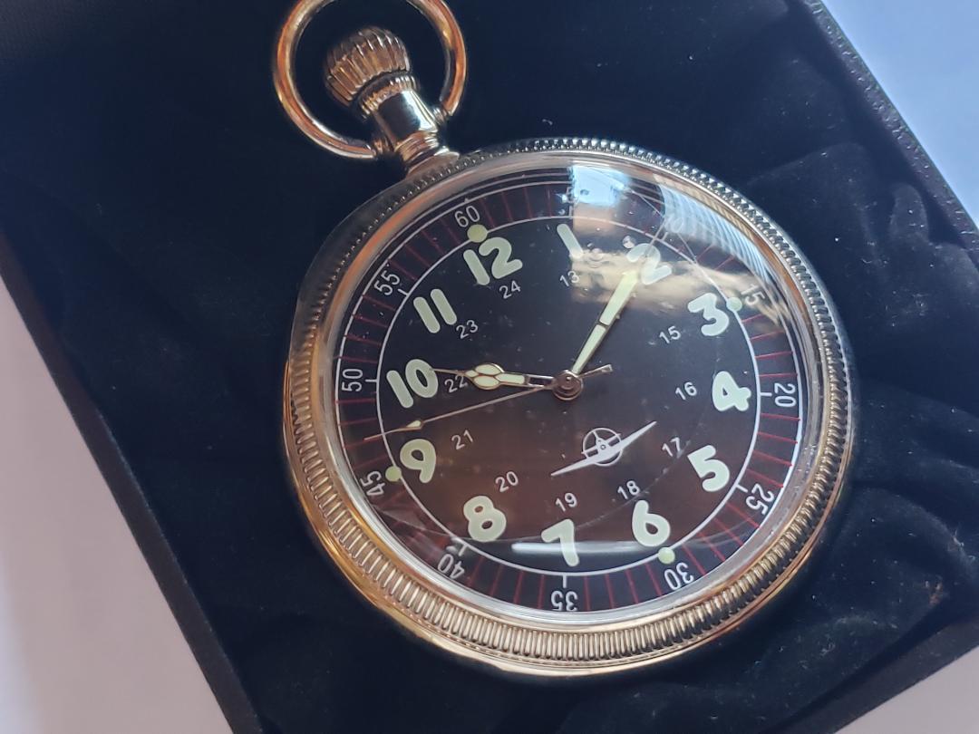 Analog Pocket Watch with Airplane Symbol Mark and Box Case