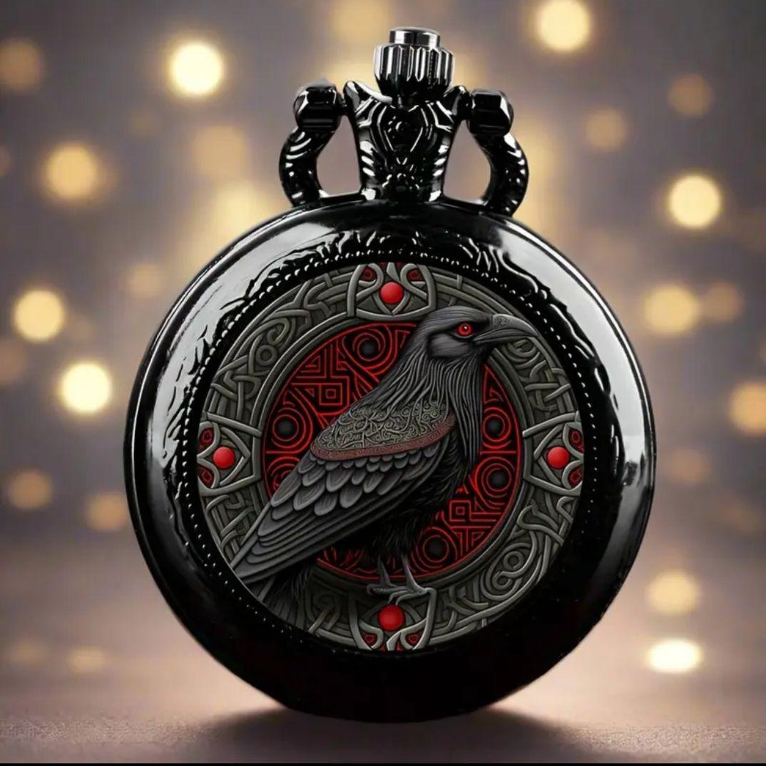 Unused item Black Crow Design Pocket Watch Black Quartz Watch Mini Watch