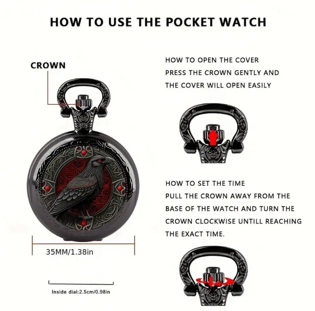 Unused item Black Crow Design Pocket Watch Black Quartz Watch Mini Watch