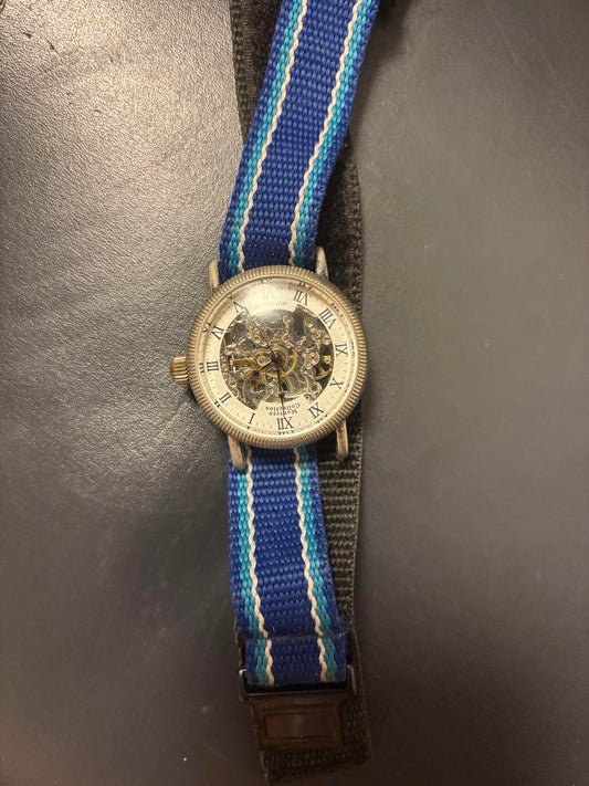 Blue and White Striped Winding Watch Skeleton Dial