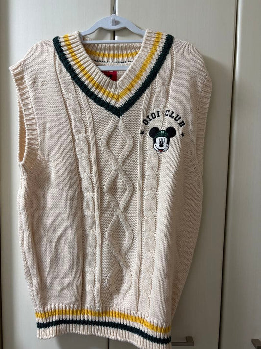 Mickey Mouse Knit Vest Off-White V-Neck Cable Knit Casual