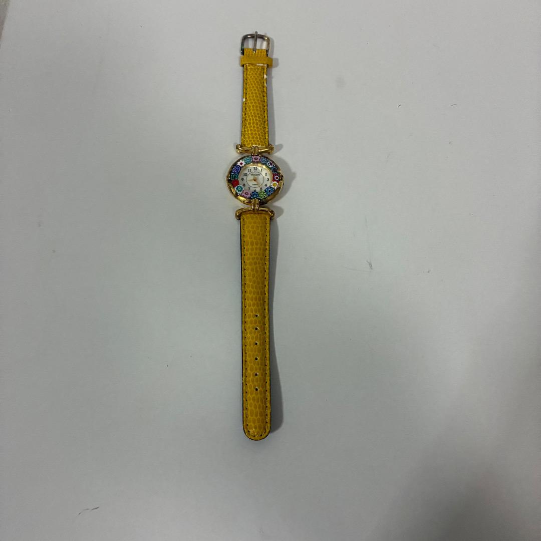 Antica Muttina Yellow Leather Strap Quartz Watch with Multi-Colored Floral Index