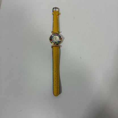 Antica Muttina Yellow Leather Strap Quartz Watch with Multi-Colored Floral Index