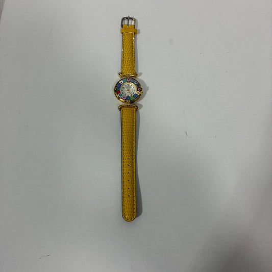 Antica Muttina Yellow Leather Strap Quartz Watch with Multi-Colored Floral Index