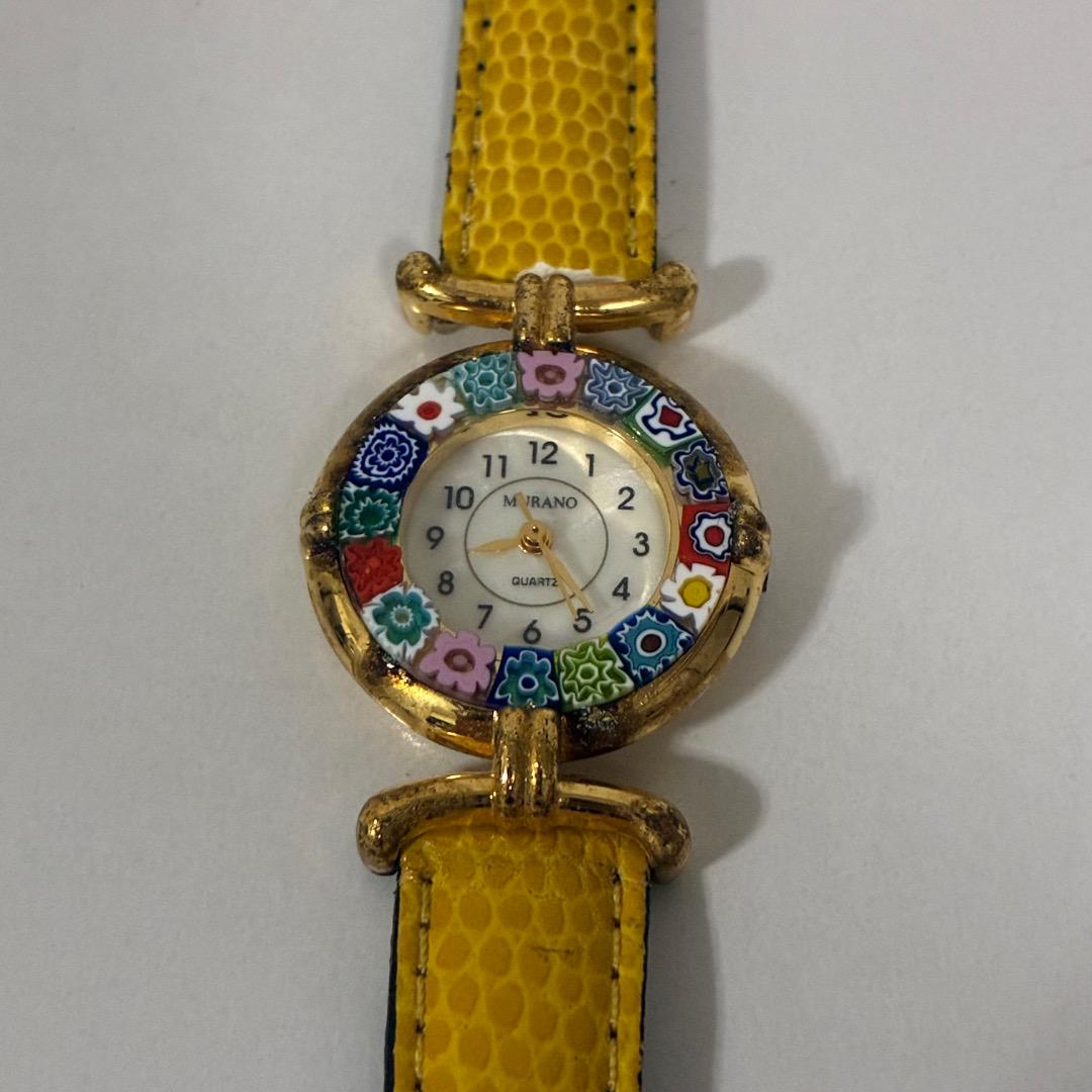 Antica Muttina Yellow Leather Strap Quartz Watch with Multi-Colored Floral Index