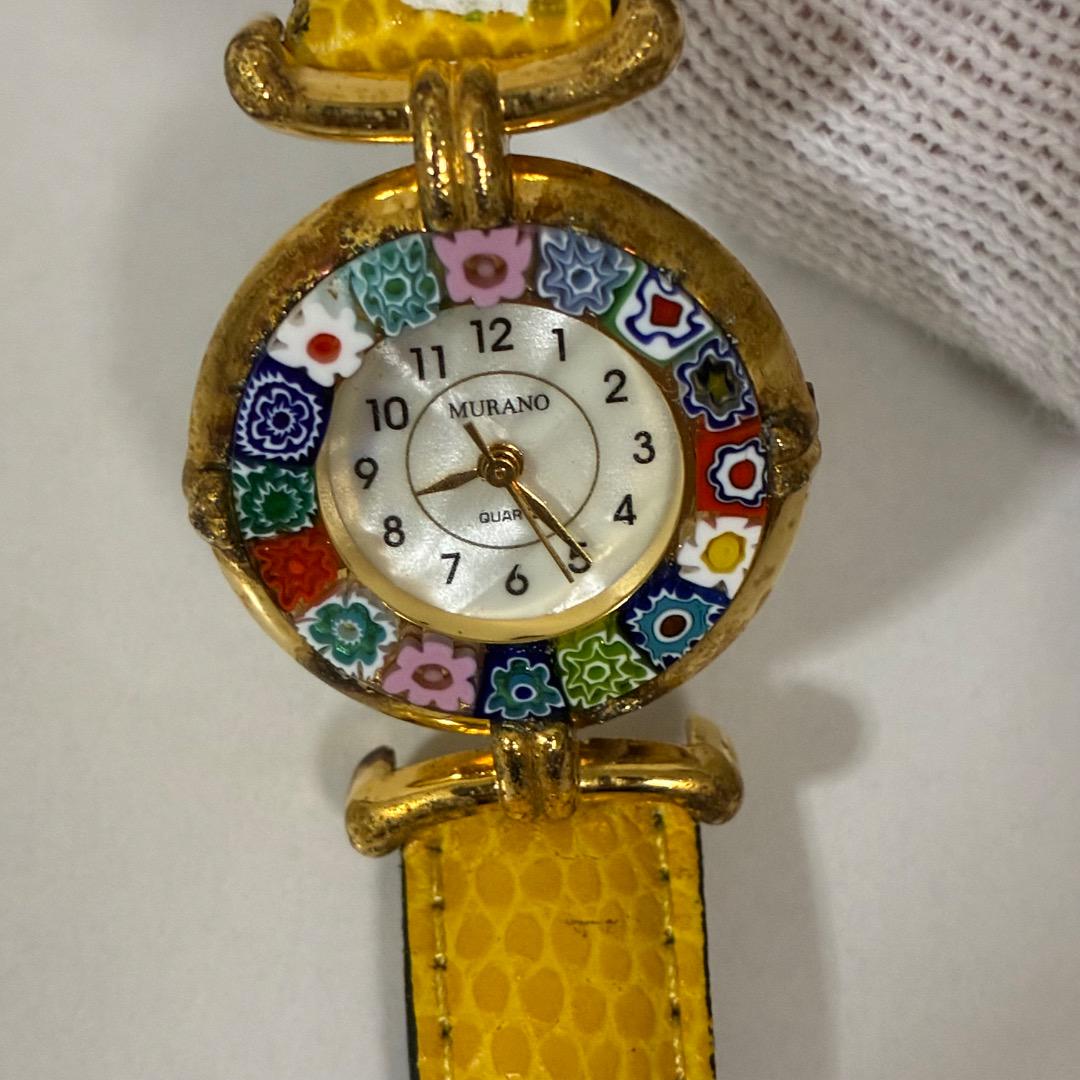 Antica Muttina Yellow Leather Strap Quartz Watch with Multi-Colored Floral Index