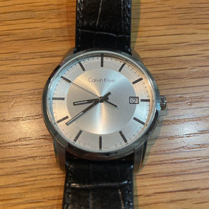 Calvin Klein Wound Watch Silver Dial Black Leather