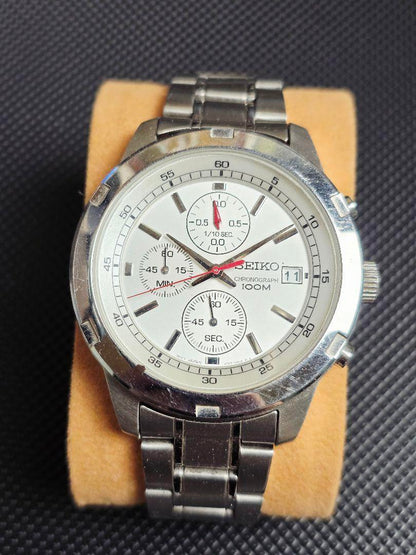 TM099 SEIKO Silver-Tone Chronograph Watch 100M Water Resistant 4T57-00B0