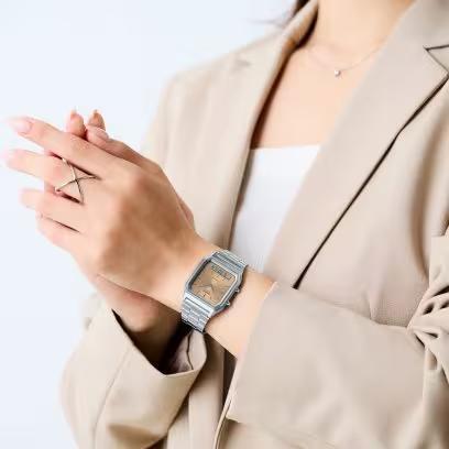 New CASIO Analog-Digital Silver x Salmon Face Watch