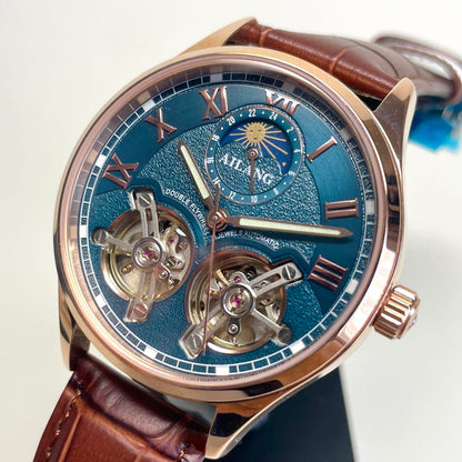 New Double Temple Automatic Mechanical Skeleton Watch with Sun and Moon Display