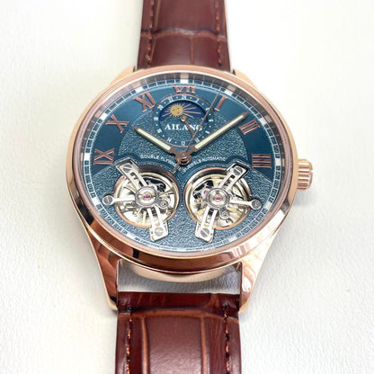 New Double Temple Automatic Mechanical Skeleton Watch with Sun and Moon Display