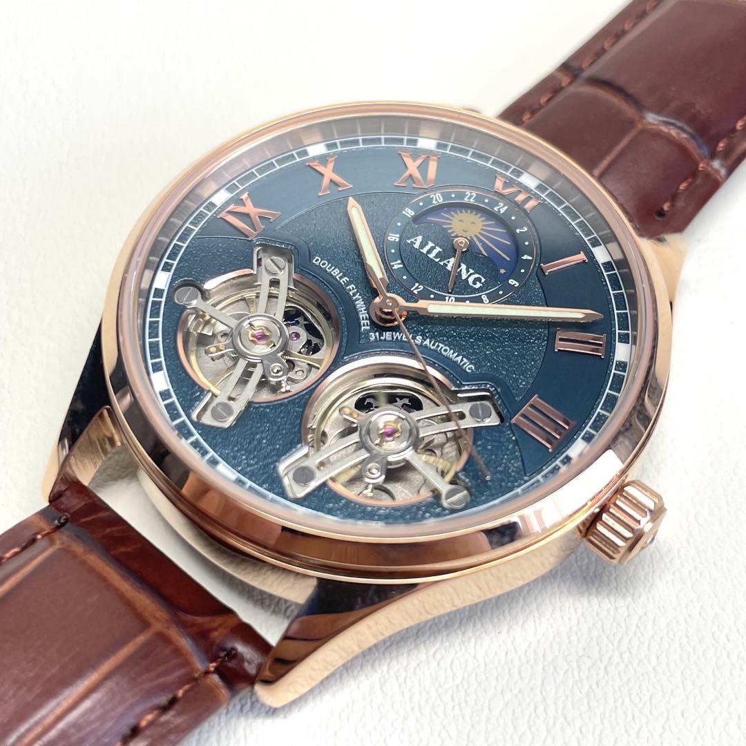 New Double Temple Automatic Mechanical Skeleton Watch with Sun and Moon Display