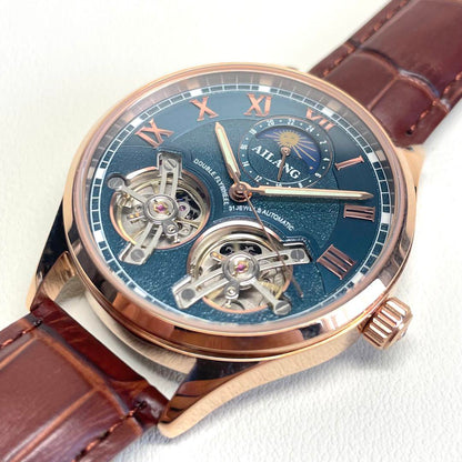New Double Temple Automatic Mechanical Skeleton Watch with Sun and Moon Display