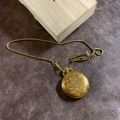 New Gold Pocket Watch with Chain and Wooden Box with Chrysanthemum Pattern