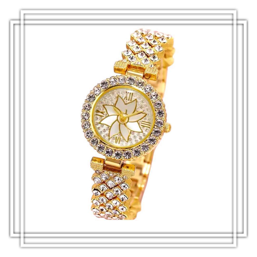 Bridal Jewelry Watch 5 Pieces Gold Flower Face Line Stone