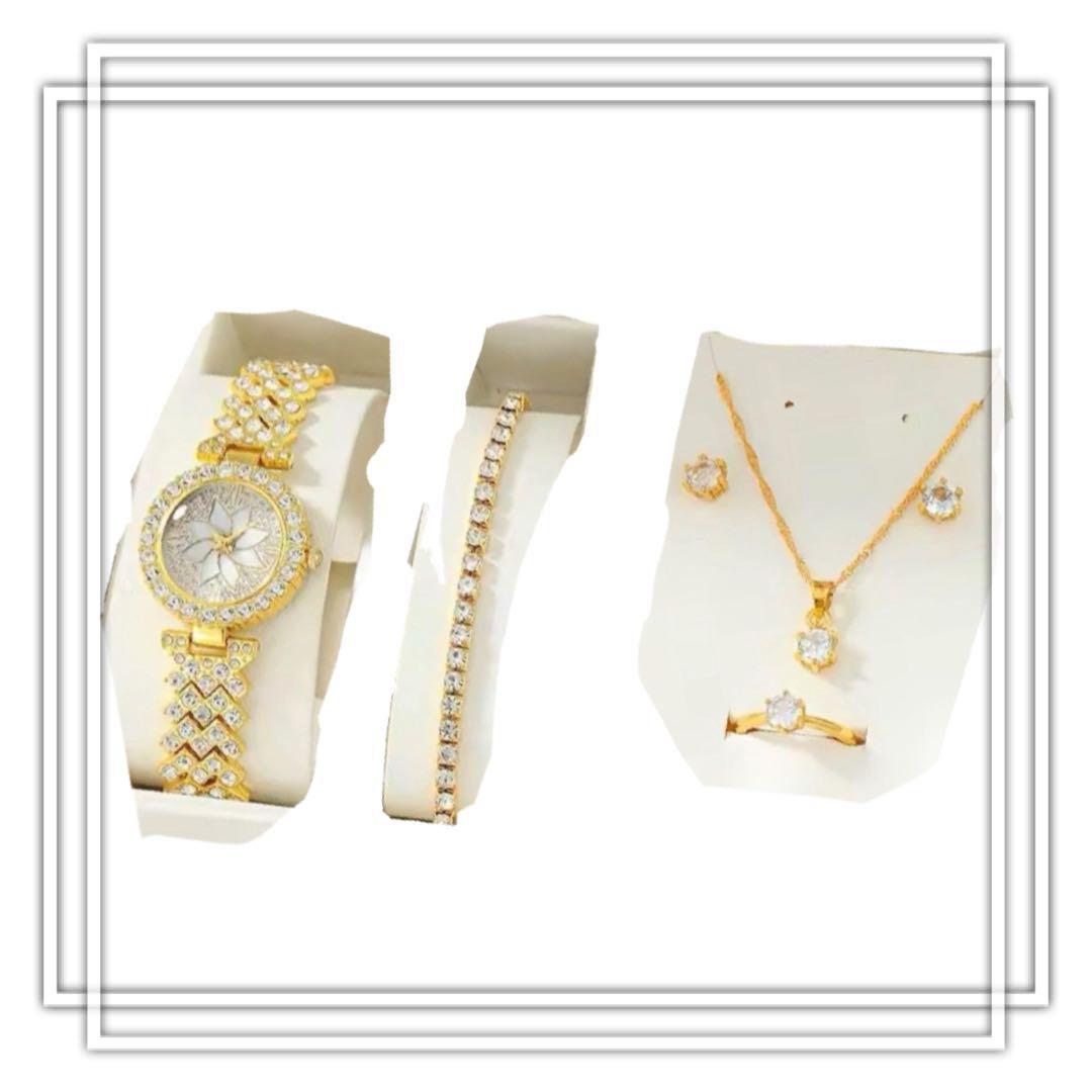 Bridal Jewelry Watch 5 Pieces Gold Flower Face Line Stone