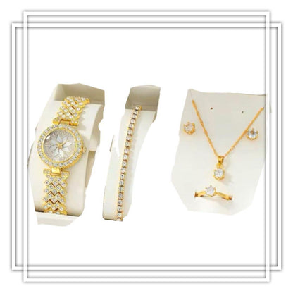 Bridal Jewelry Watch 5 Pieces Gold Flower Face Line Stone