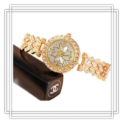 Bridal Jewelry Watch 5 Pieces Gold Flower Face Line Stone