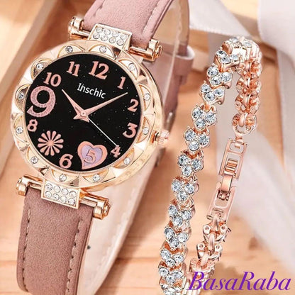 LAST 1 Love Heart Watch and Bracelet Set Pink 2 Pieces Ladies