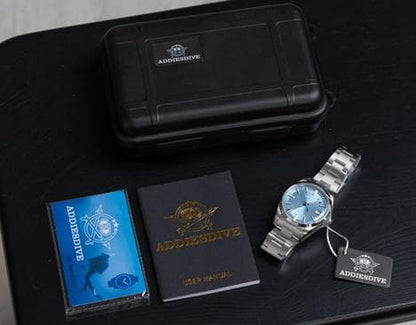 ADDIESDIVE AD2077 Automatic 3-Hand + Calendar Light Blue