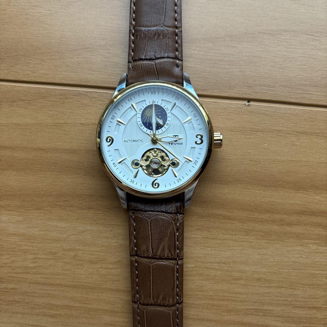 TEVISE Automatic Winding Mechanical Watch Men's Watch Gray Brown Strap