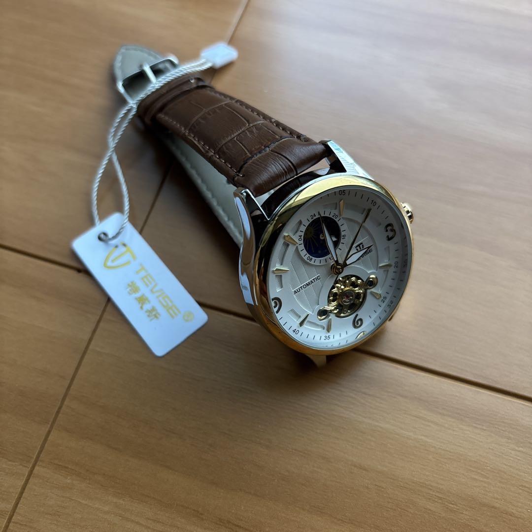 TEVISE Automatic Winding Mechanical Watch Men's Watch Gray Brown Strap