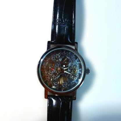 Leather Strap Watch with Transparent Dial