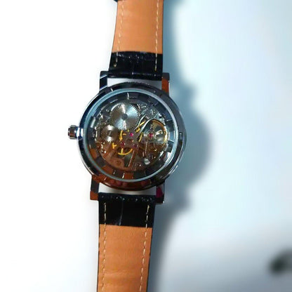Leather Strap Watch with Transparent Dial