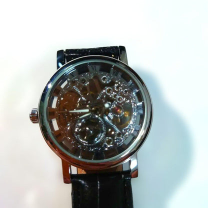 Leather Strap Watch with Transparent Dial
