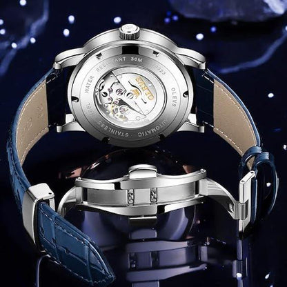 OLEVS 9923 Measures Time with Starry Sky Movement, Reverse Skeleton Automatic Winding with D-Back