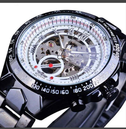 Black Silver Skeleton Winding Watch Classic Stainless Steel