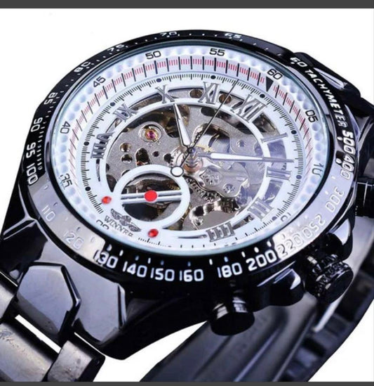 Black Silver Skeleton Winding Watch Classic Stainless Steel