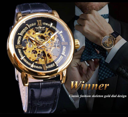 Black Silver Skeleton Winding Watch Classic Stainless Steel