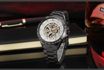 Black Silver Skeleton Winding Watch Classic Stainless Steel