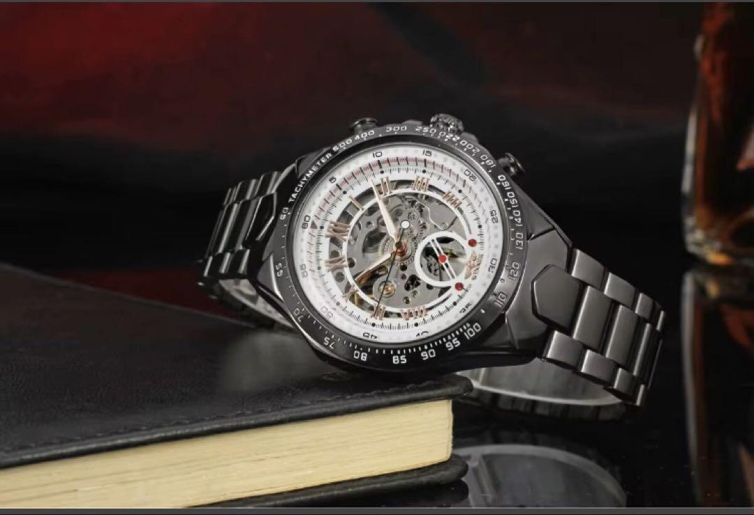 Black Silver Skeleton Winding Watch Classic Stainless Steel