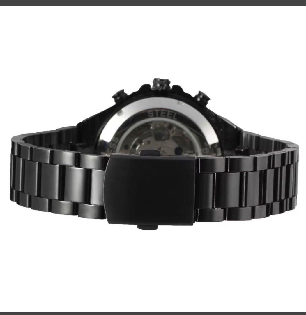 Black Silver Skeleton Winding Watch Classic Stainless Steel