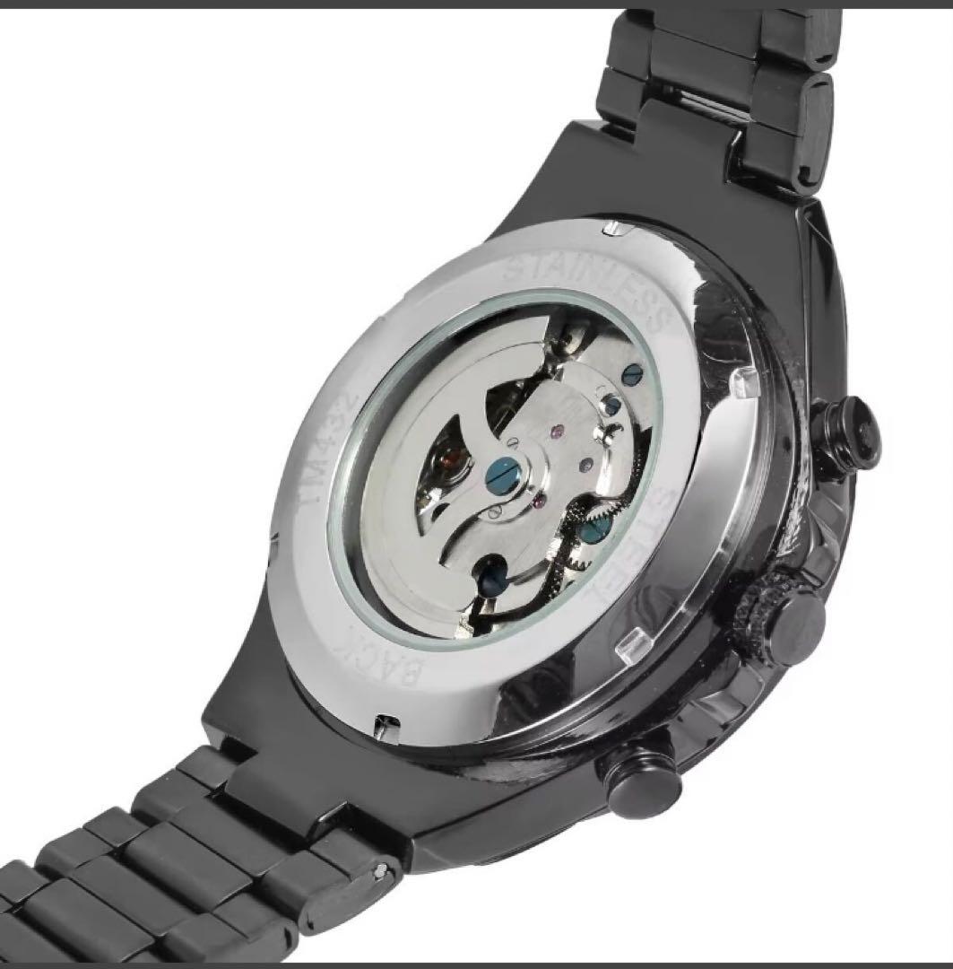 Black Silver Skeleton Winding Watch Classic Stainless Steel