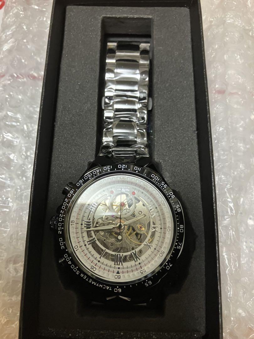 Black Silver Skeleton Winding Watch Classic Stainless Steel